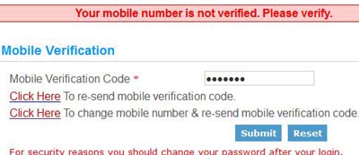 Enter verification code received in your mobile